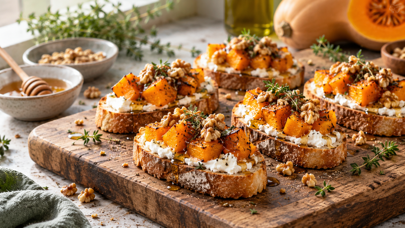 A beautifully arranged butternut squash crostini on a wooden cutting board, with ricotta cheese, roasted butternut squash, and toasted walnuts.