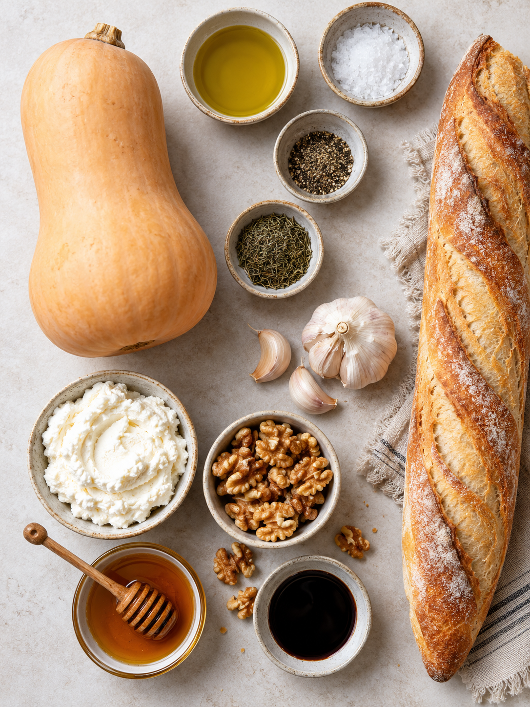 A flat-lay of ingredients for the butternut squash crostini, including butternut squash, olive oil, salt, pepper, thyme, baguette, garlic, ricotta cheese, walnuts, honey, and balsamic glaze.