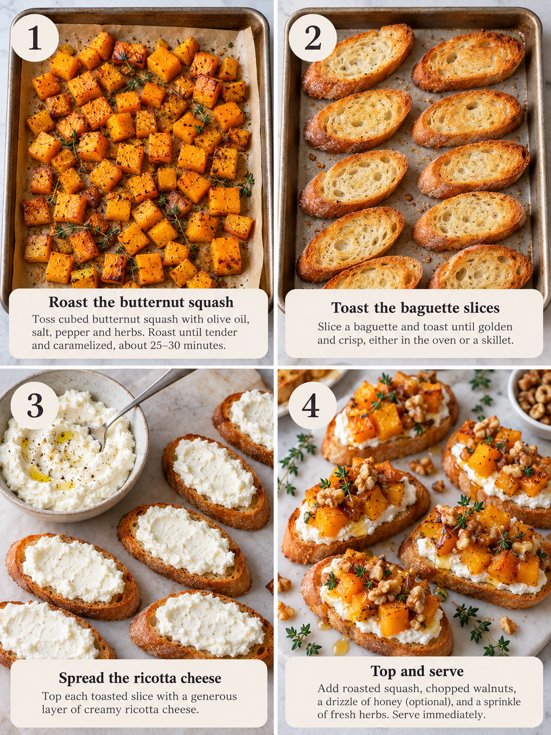 A step-by-step guide to making the butternut squash crostini, including roasting the squash, toasting the baguette, and assembling the crostini.