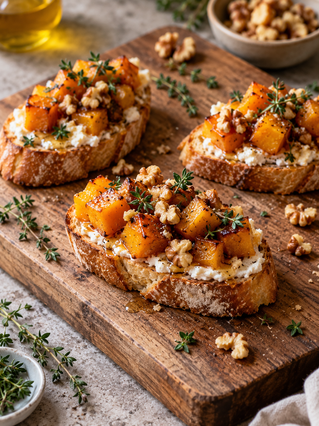 A beautifully presented butternut squash crostini on a wooden cutting board, with fresh thyme leaves and walnuts scattered around the board.