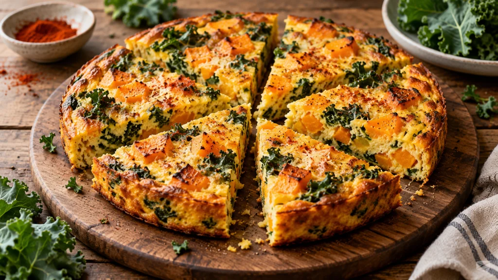 A freshly baked butternut squash frittata, sliced into 6 wedges, on a rustic wooden table