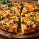 A freshly baked butternut squash frittata, sliced into 6 wedges, on a rustic wooden table