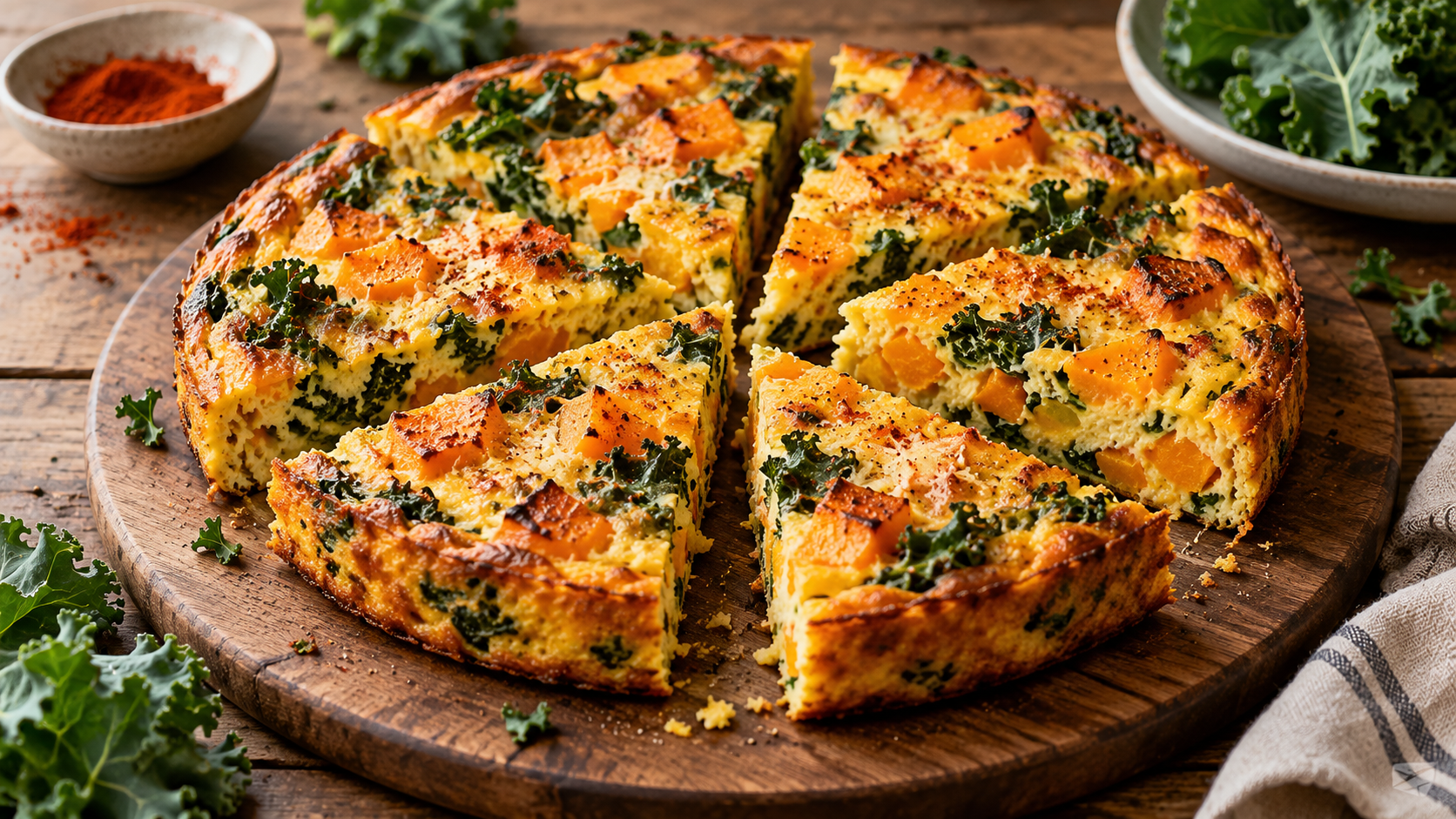 A freshly baked butternut squash frittata, sliced into 6 wedges, on a rustic wooden table