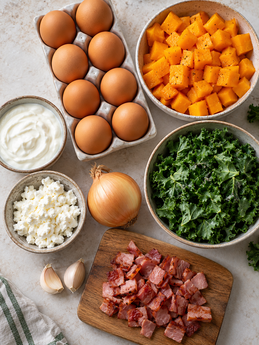 A flat-lay arrangement of ingredients needed for the butternut squash frittata recipe