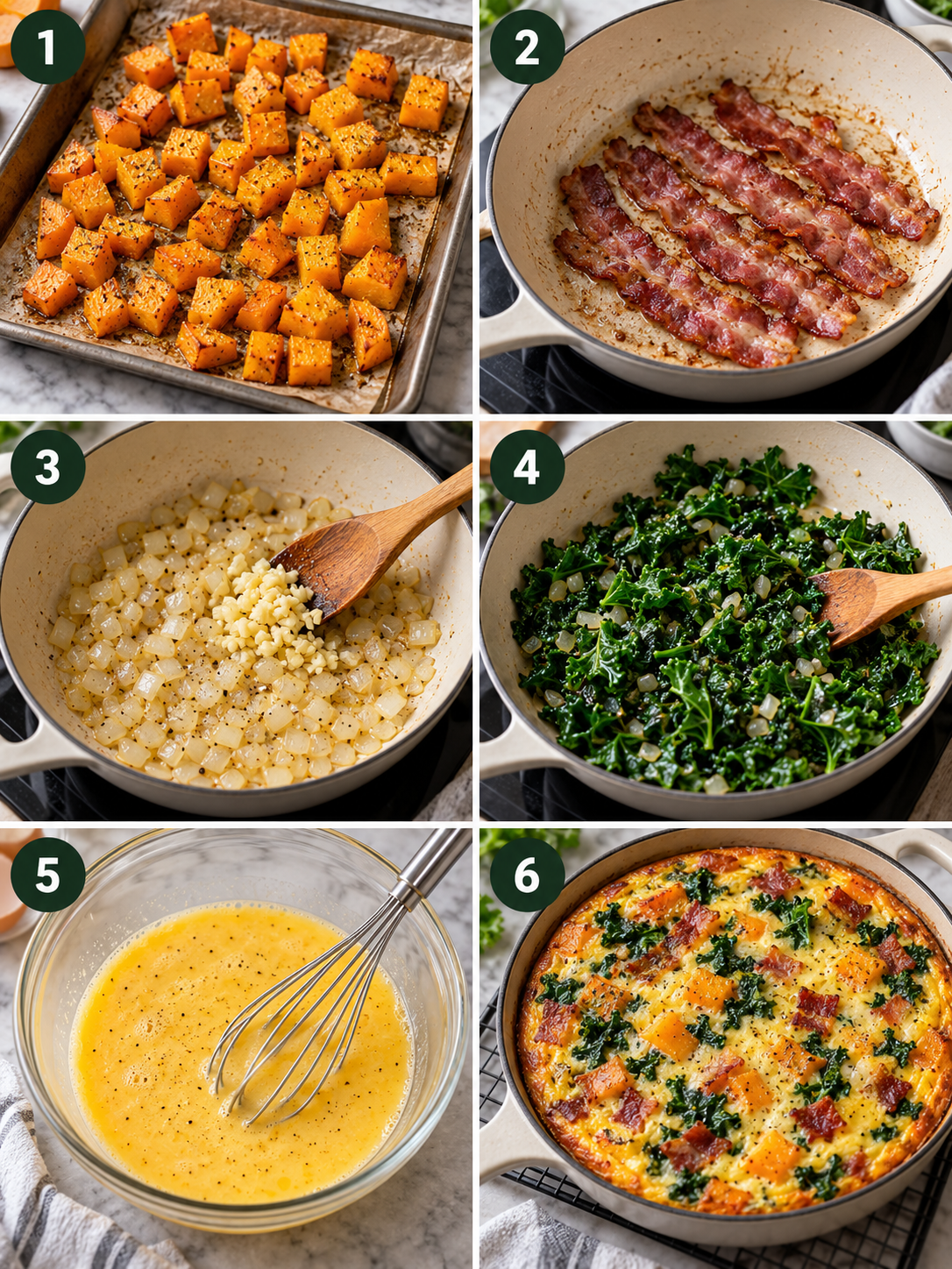 A step-by-step cooking instructions collage for the butternut squash frittata recipe