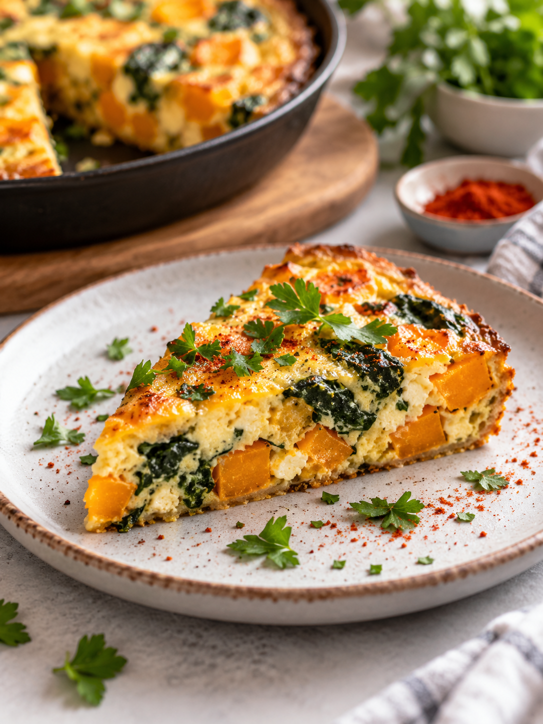 A slice of butternut squash frittata on a plate, garnished with fresh herbs