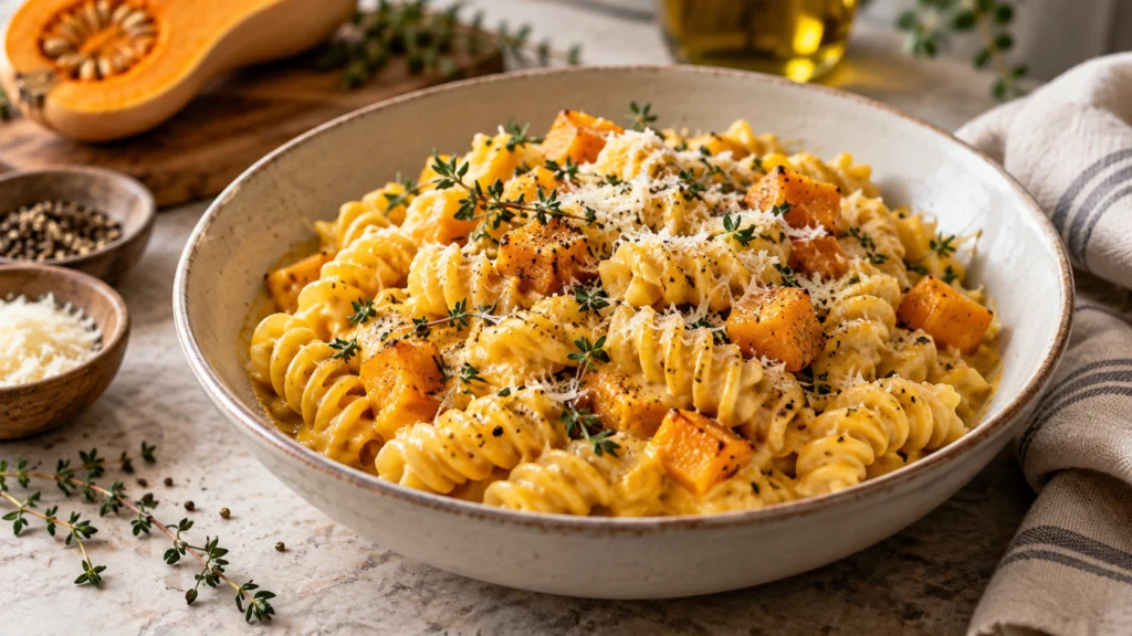 A delicious butternut squash pasta dish with rotini pasta, creamy squash sauce, and fresh thyme garnish