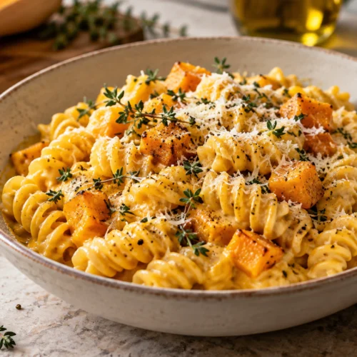 A delicious butternut squash pasta dish with rotini pasta, creamy squash sauce, and fresh thyme garnish
