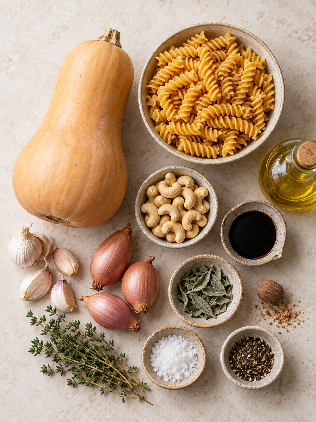 A selection of ingredients for the butternut squash pasta recipe, including butternut squash, rotini pasta, garlic, shallots, and herbs