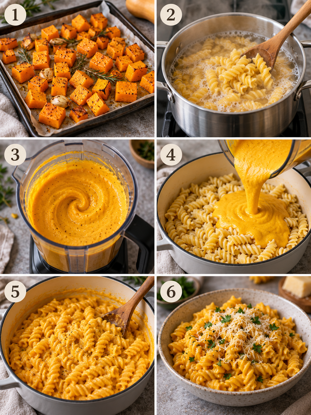 A step-by-step guide to making butternut squash pasta, including roasting the squash and cooking the pasta