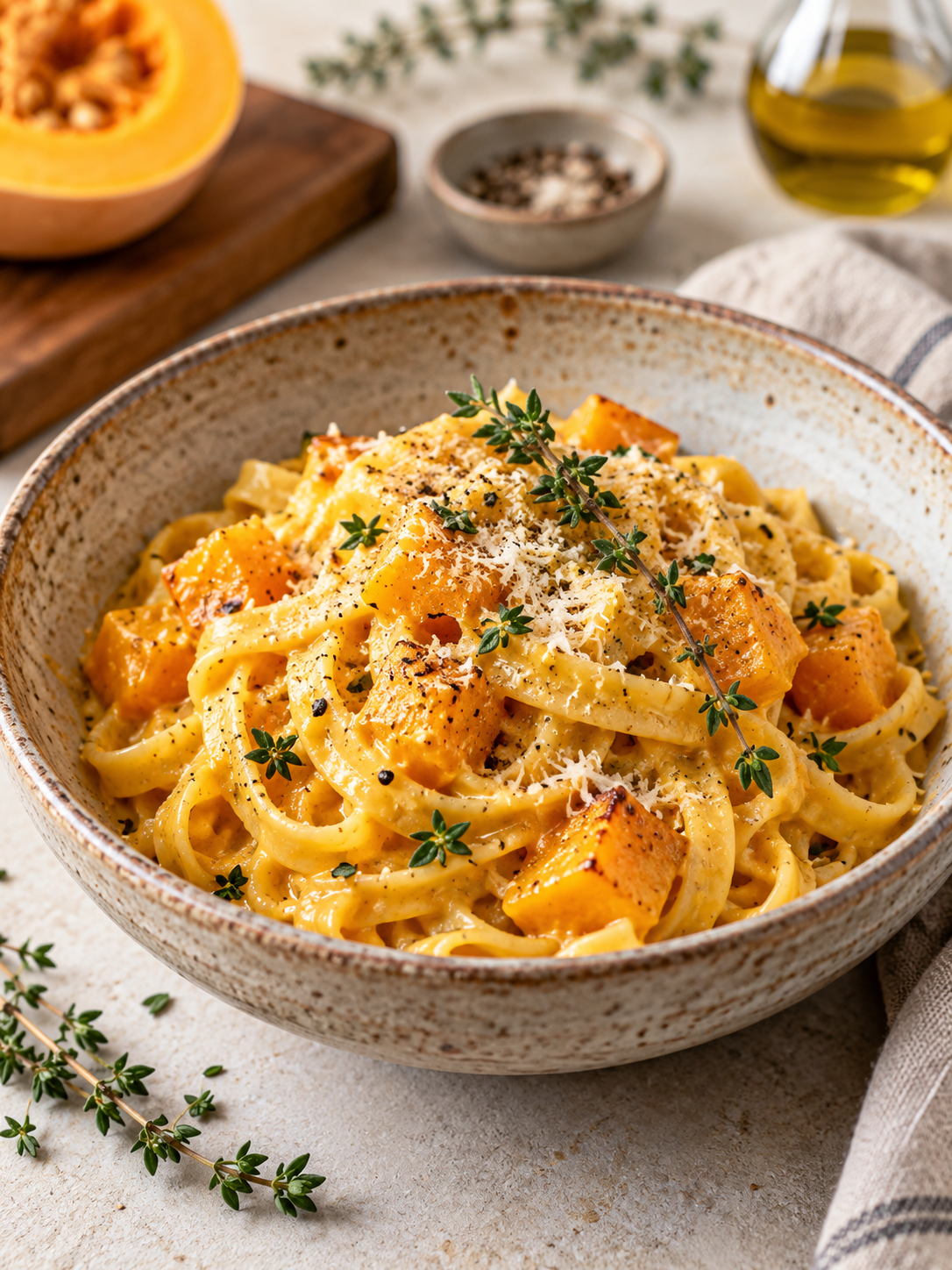 A delicious serving of butternut squash pasta, garnished with fresh thyme and black pepper