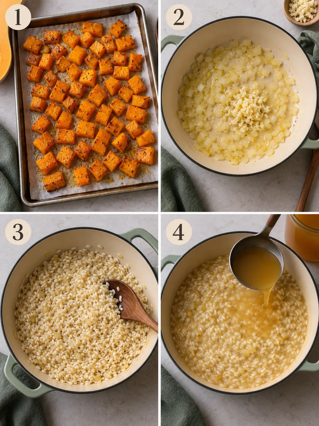 A step-by-step guide to making butternut squash risotto, including roasting the squash and stirring in the broth