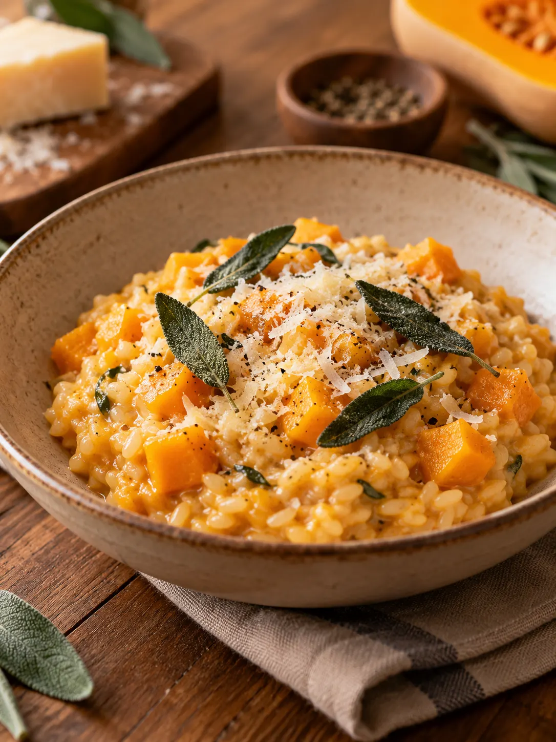A warm and inviting bowl of butternut squash risotto, garnished with Parmesan cheese and fresh sage