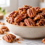 A batch of freshly baked candied pecans, golden brown and fragrant, scattered on a clean surface