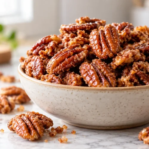 A batch of freshly baked candied pecans, golden brown and fragrant, scattered on a clean surface
