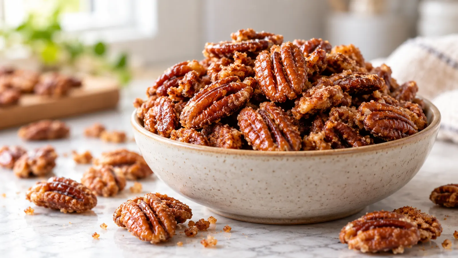 A batch of freshly baked candied pecans, golden brown and fragrant, scattered on a clean surface