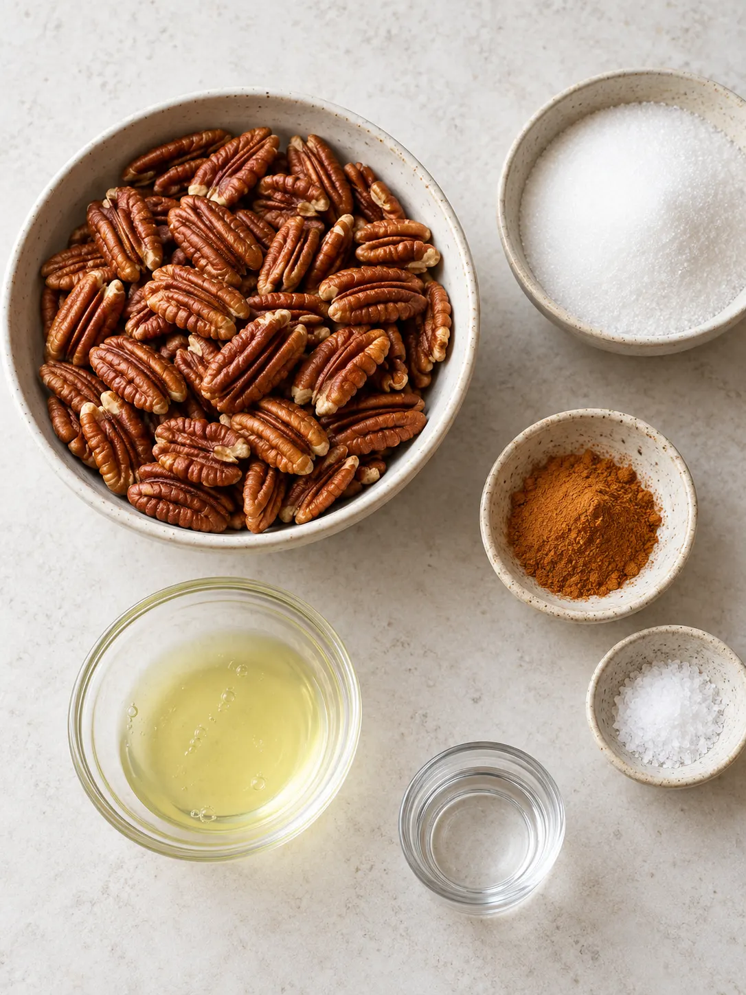 A flat-lay arrangement of ingredients for candied pecans, including pecans, sugar, cinnamon, salt, egg white, and water