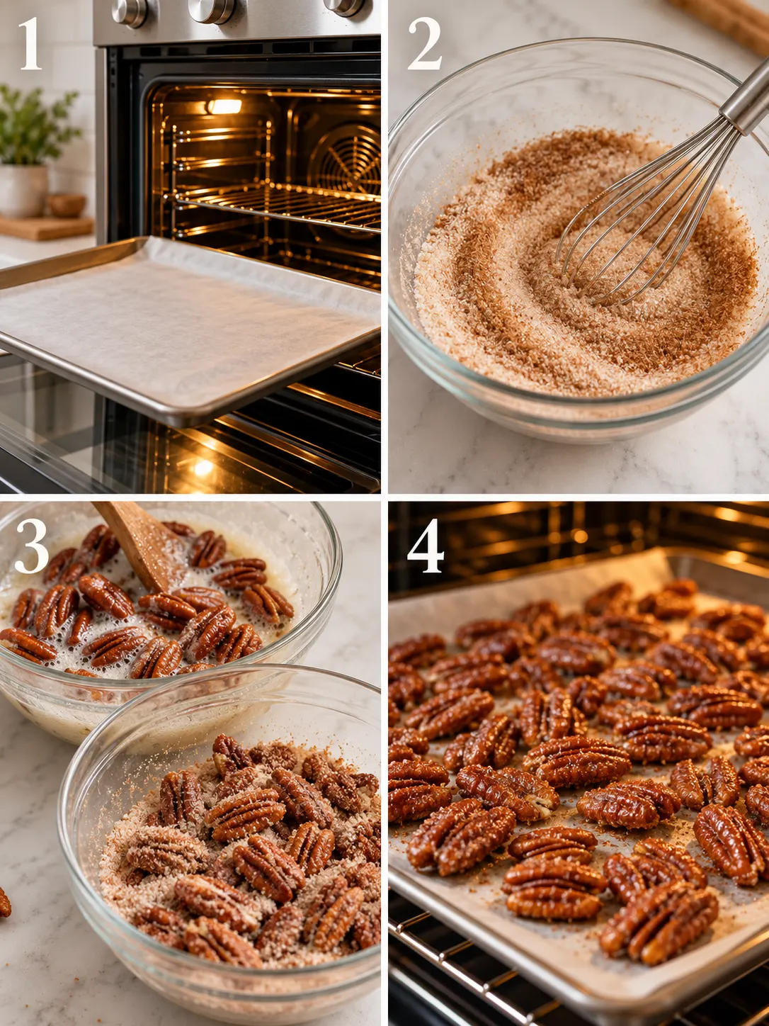 A step-by-step guide to making candied pecans, featuring key steps and numbered instructions