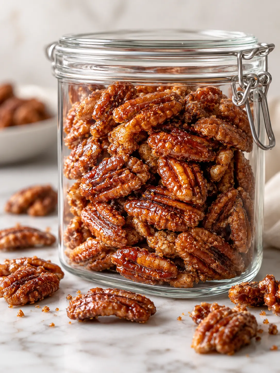 A storage container filled with freshly baked candied pecans, with a clean and minimalist background