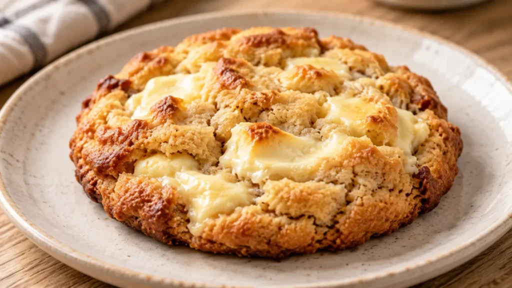 A freshly baked cheesecake cookie with golden brown edges and a melted texture