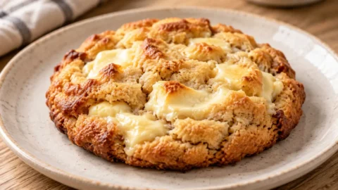 A freshly baked cheesecake cookie with golden brown edges and a melted texture
