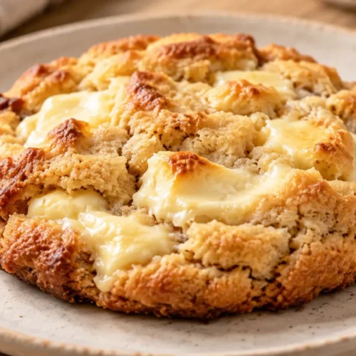 A freshly baked cheesecake cookie with golden brown edges and a melted texture