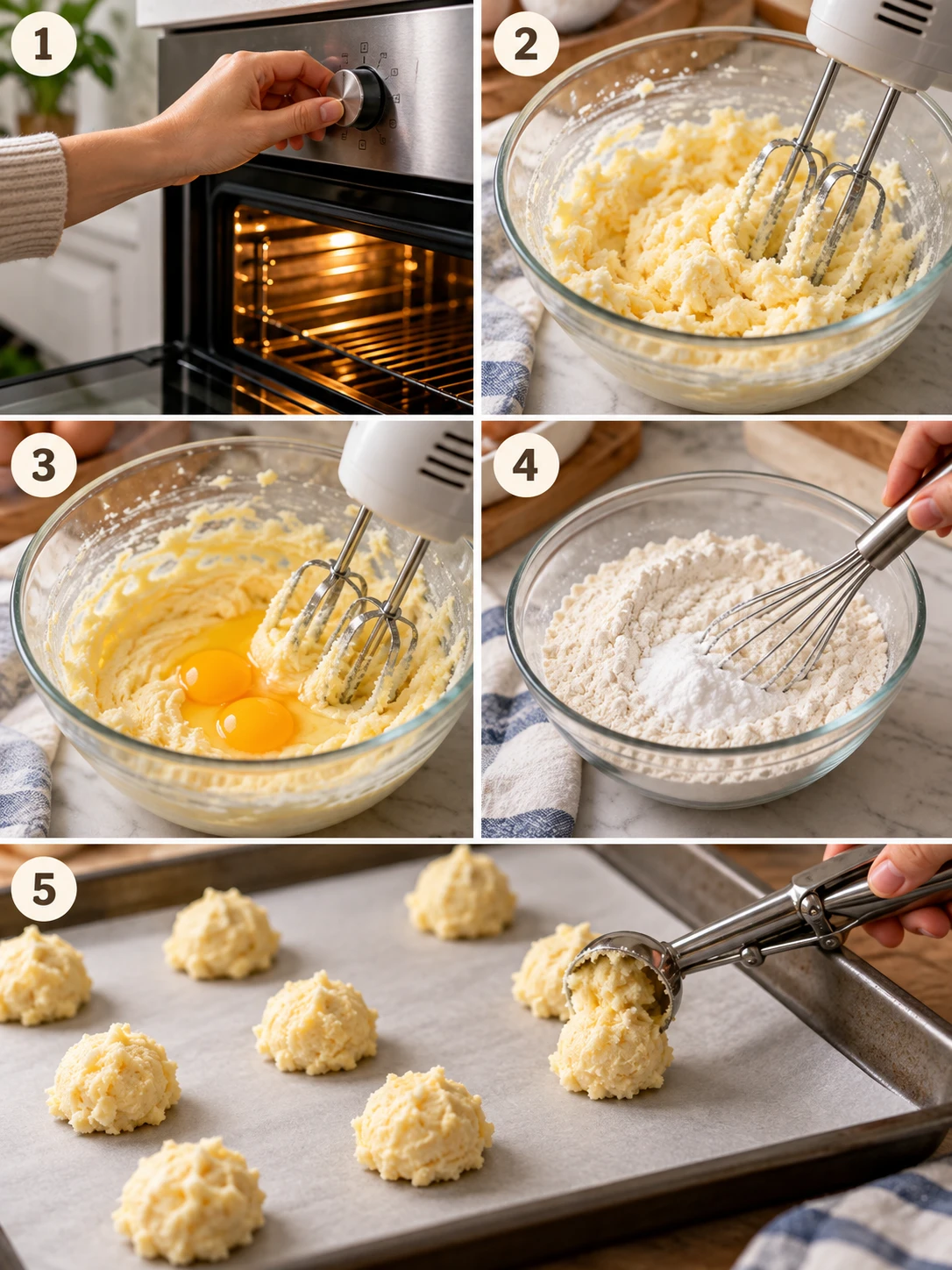 Step-by-step instructions for making cheesecake cookies, including preheating the oven and scooping the dough