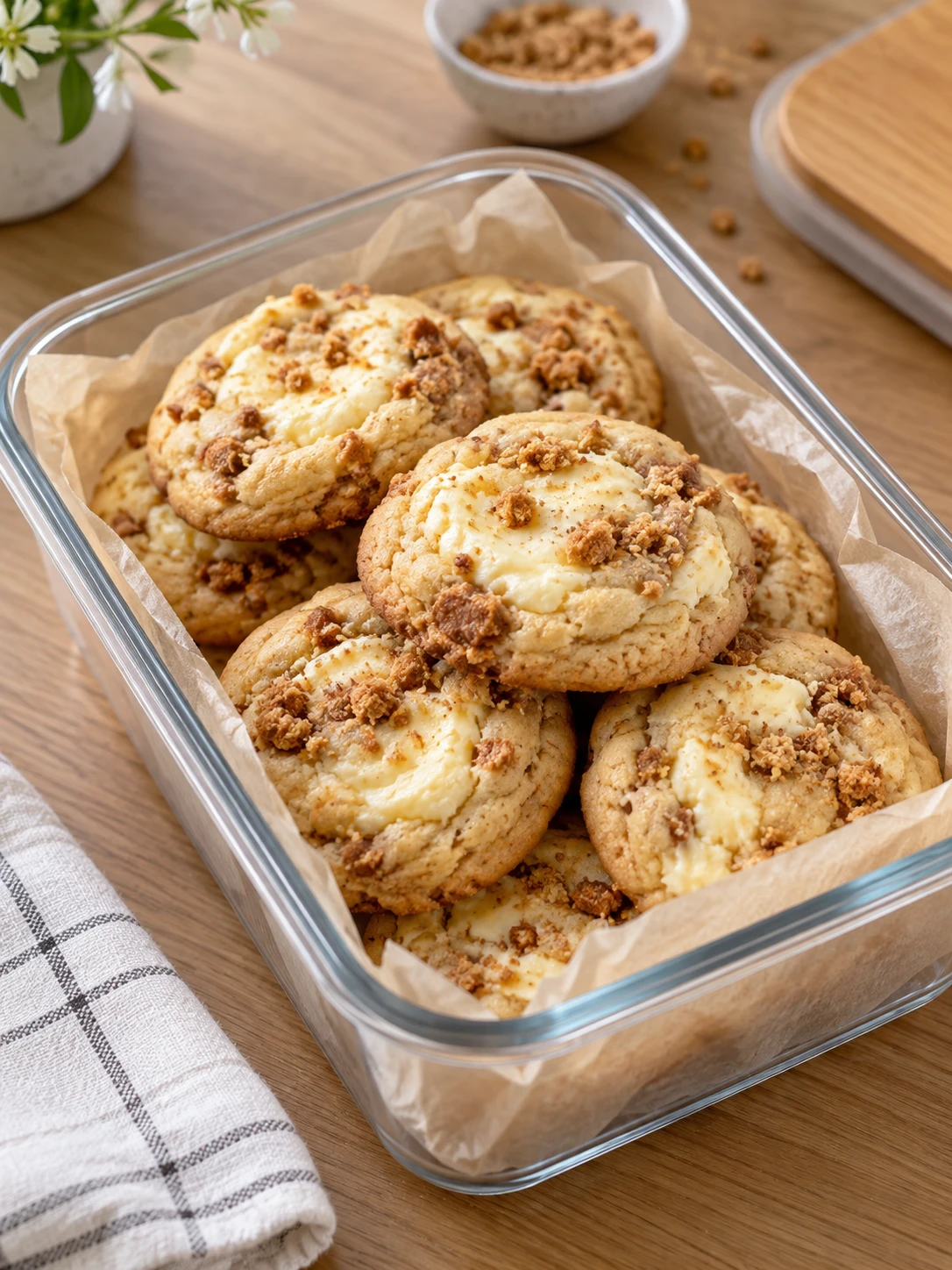 A storage container filled with freshly baked cheesecake cookies