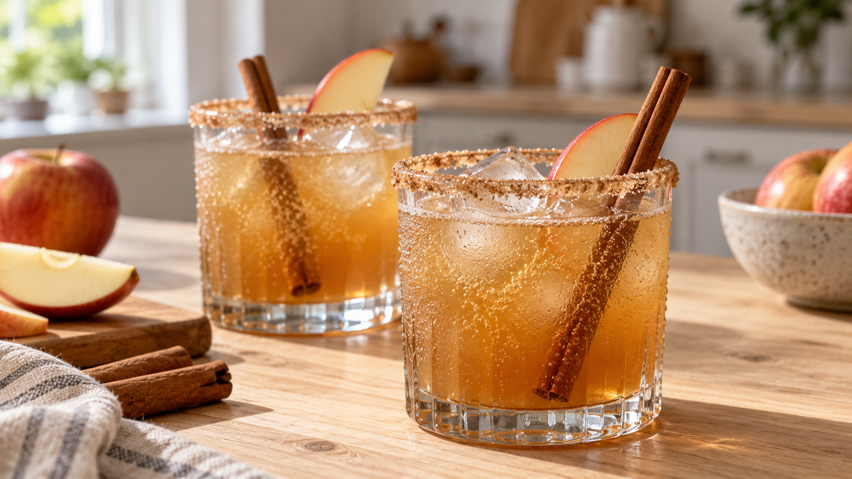 Two glasses of amber-colored apple cider mocktail with cinnamon-sugar rims and apple slice garnishes on a wooden table.