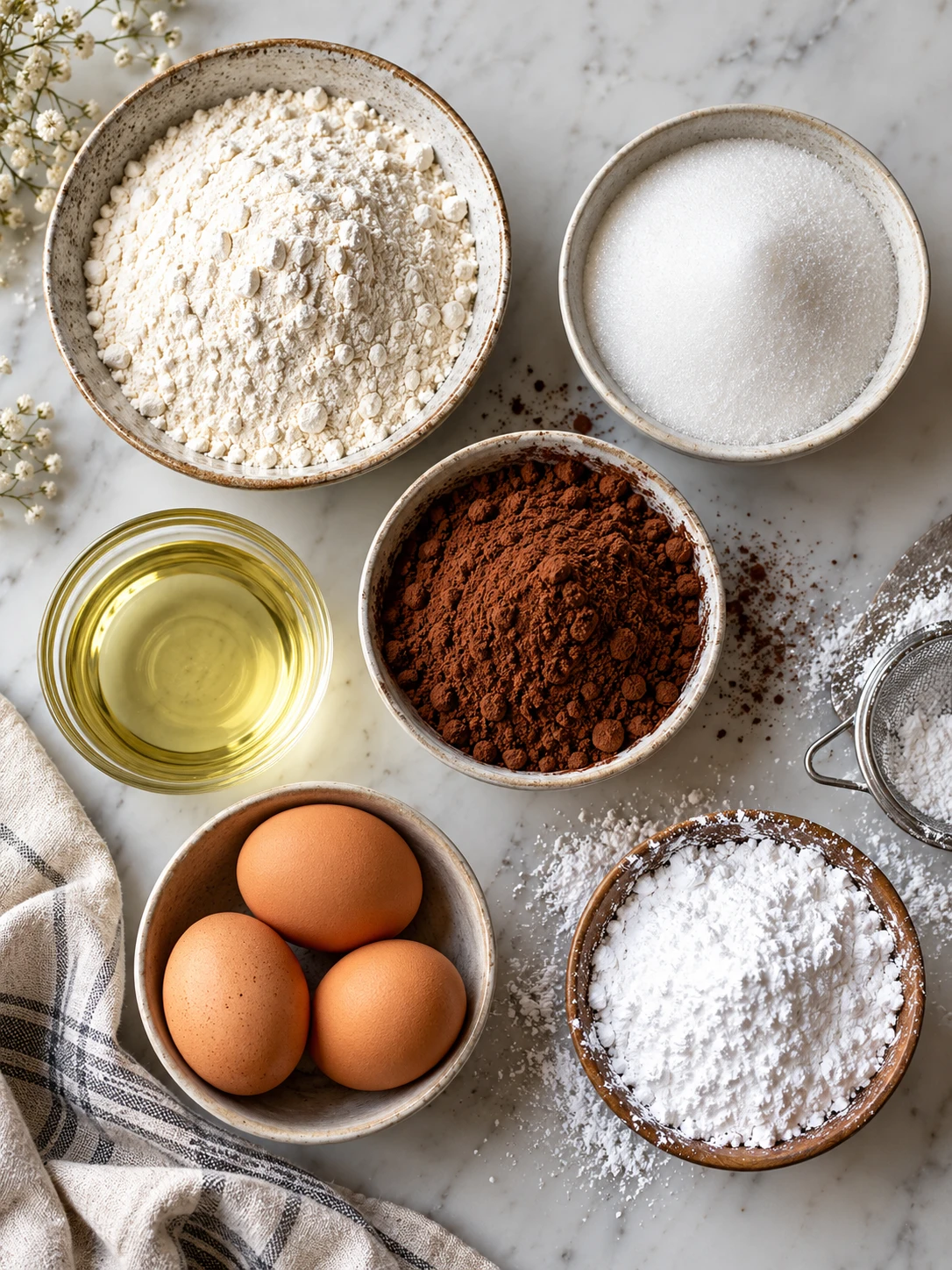 A collection of ingredients, including flour, sugar, cocoa powder, and eggs, arranged on a light-colored surface