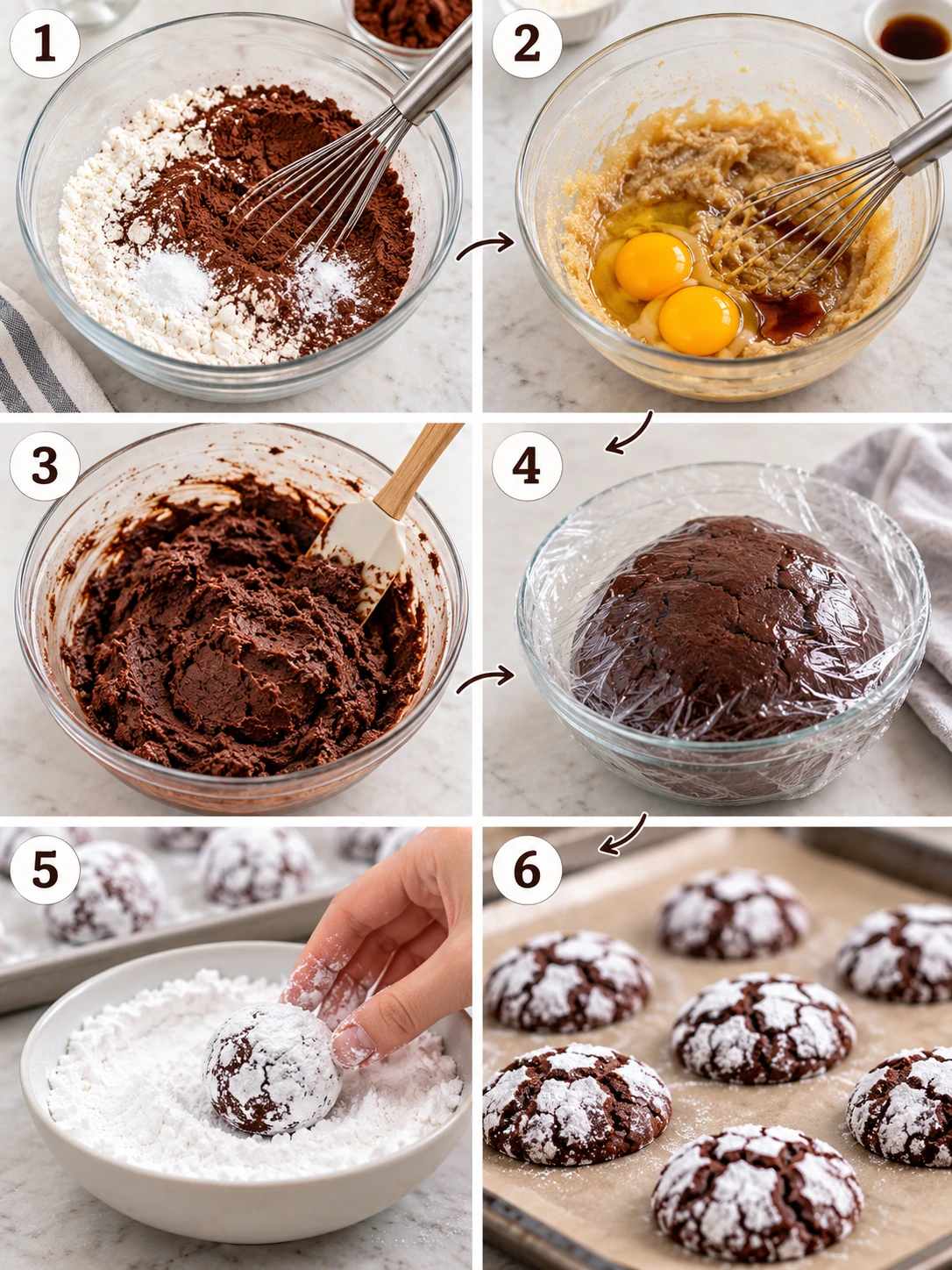 A step-by-step guide to making chocolate crinkle cookies, with 6-8 panels showing different stages of the process