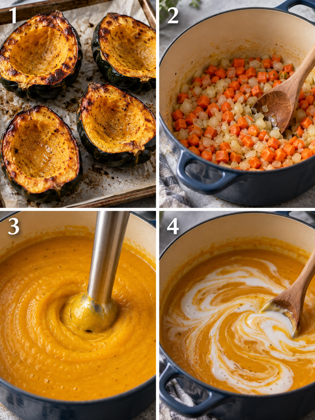 A four-panel collage showing roasting squash, sautéing vegetables, blending the soup, and stirring in coconut cream.