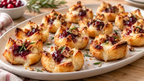 A platter of golden brown cranberry brie bites, filled with cranberry sauce, Brie cheese, and topped with chopped pecans and rosemary.