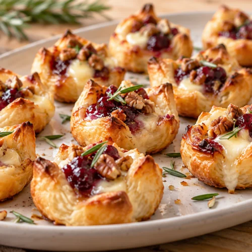 A platter of golden brown cranberry brie bites, filled with cranberry sauce, Brie cheese, and topped with chopped pecans and rosemary.