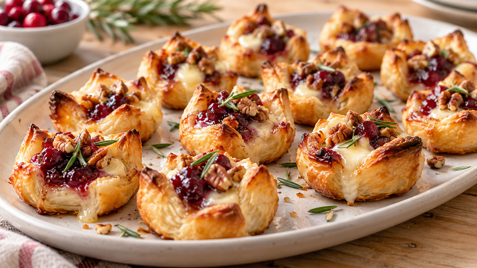 A platter of golden brown cranberry brie bites, filled with cranberry sauce, Brie cheese, and topped with chopped pecans and rosemary.