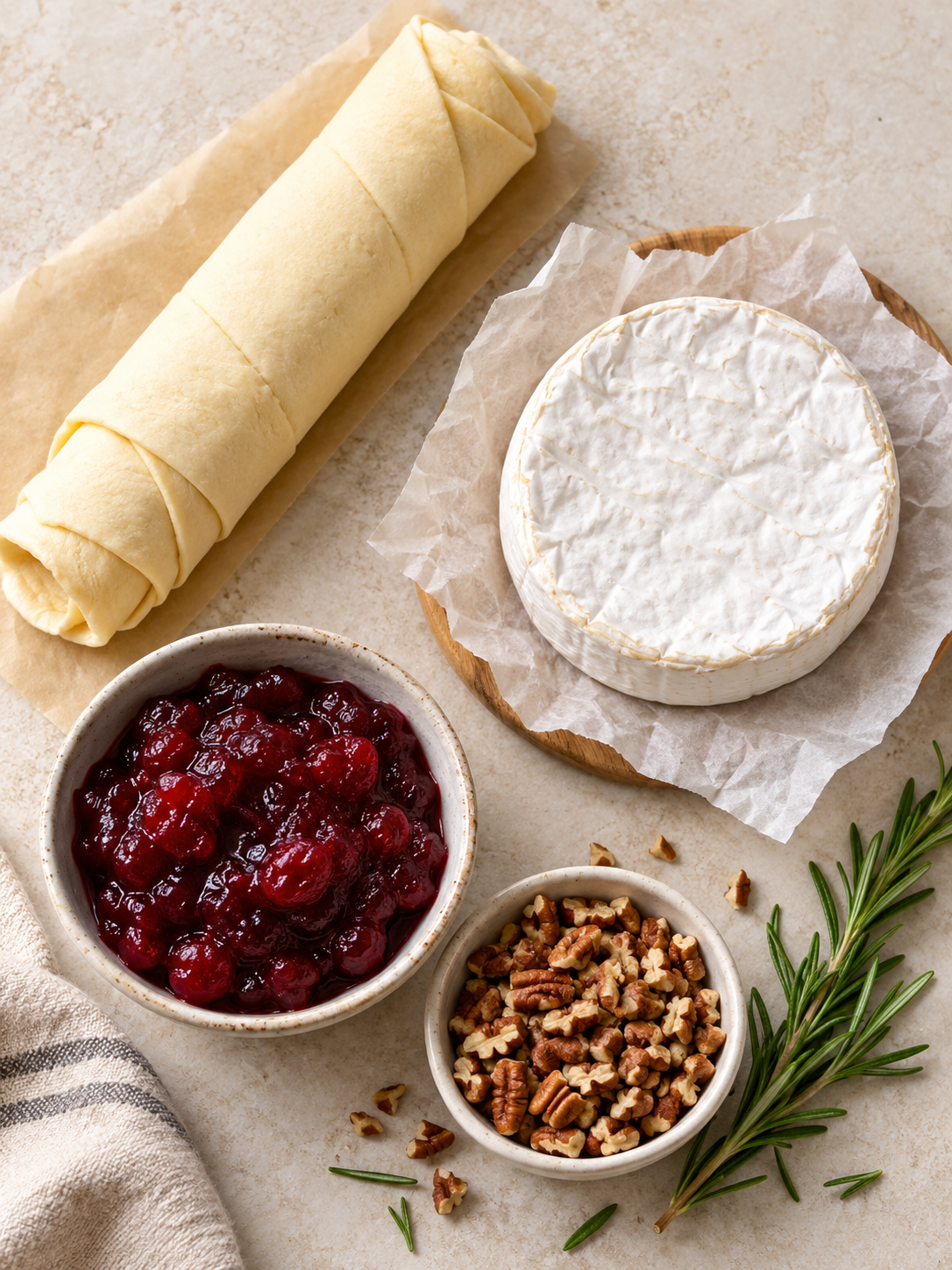 A flat-lay arrangement of ingredients, including crescent dough, Brie cheese, cranberry sauce, chopped pecans, and fresh rosemary.