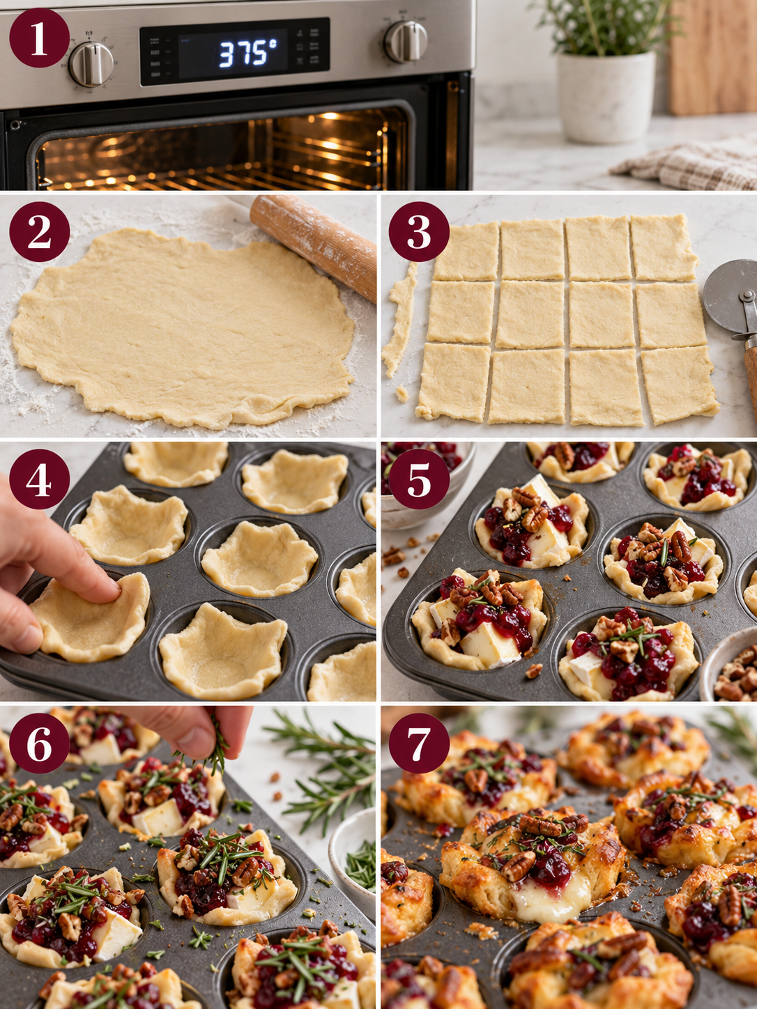 A step-by-step collage of the cranberry brie bites recipe, showing preheating the oven, rolling out the dough, cutting the dough, pressing the dough into a muffin tin, filling the muffin tin, sprinkling rosemary, and baking the bites.