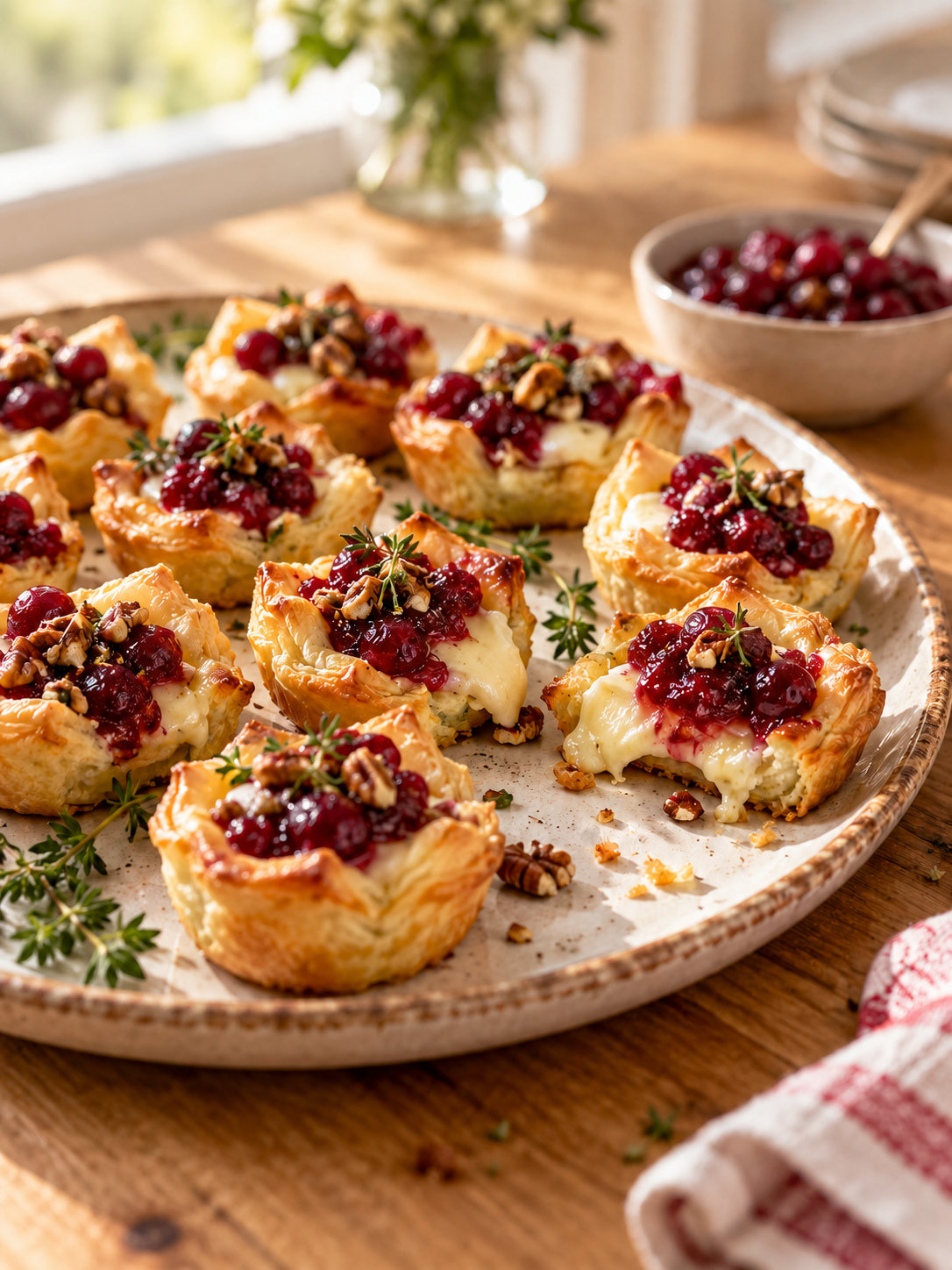 A serving platter of cranberry brie bites, with a few bites missing, on a light wood kitchen table.