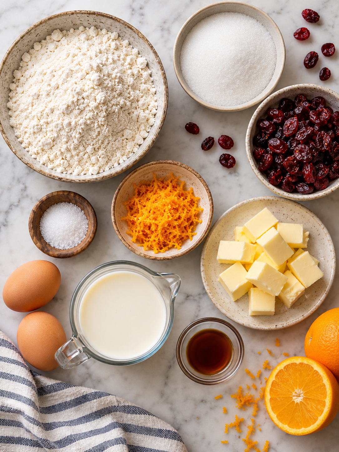 A flat-lay arrangement of ingredients for cranberry orange scones, including flour, sugar, dried cranberries, and more