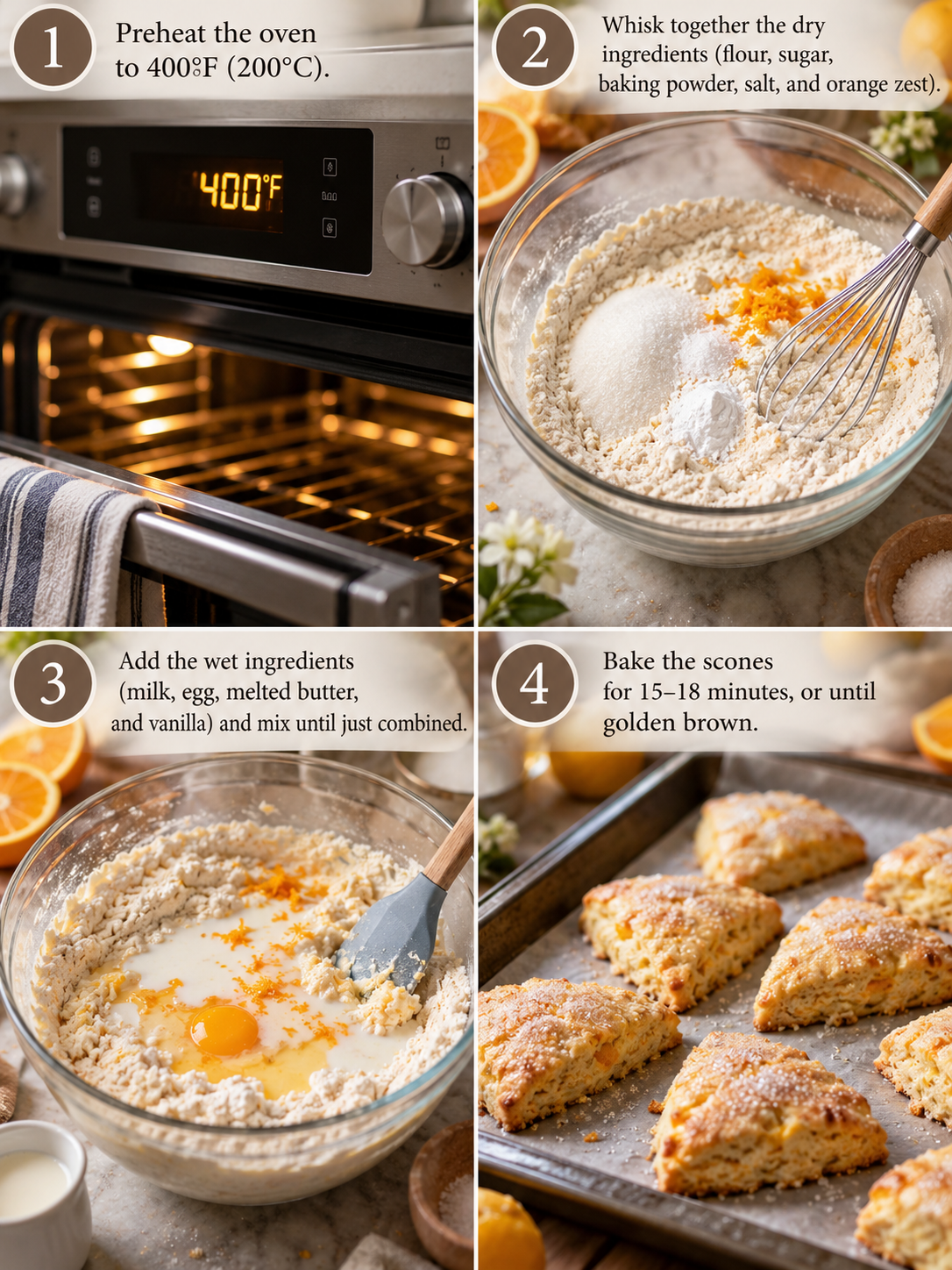 A step-by-step guide to making cranberry orange scones, with panels showing key steps and ingredients