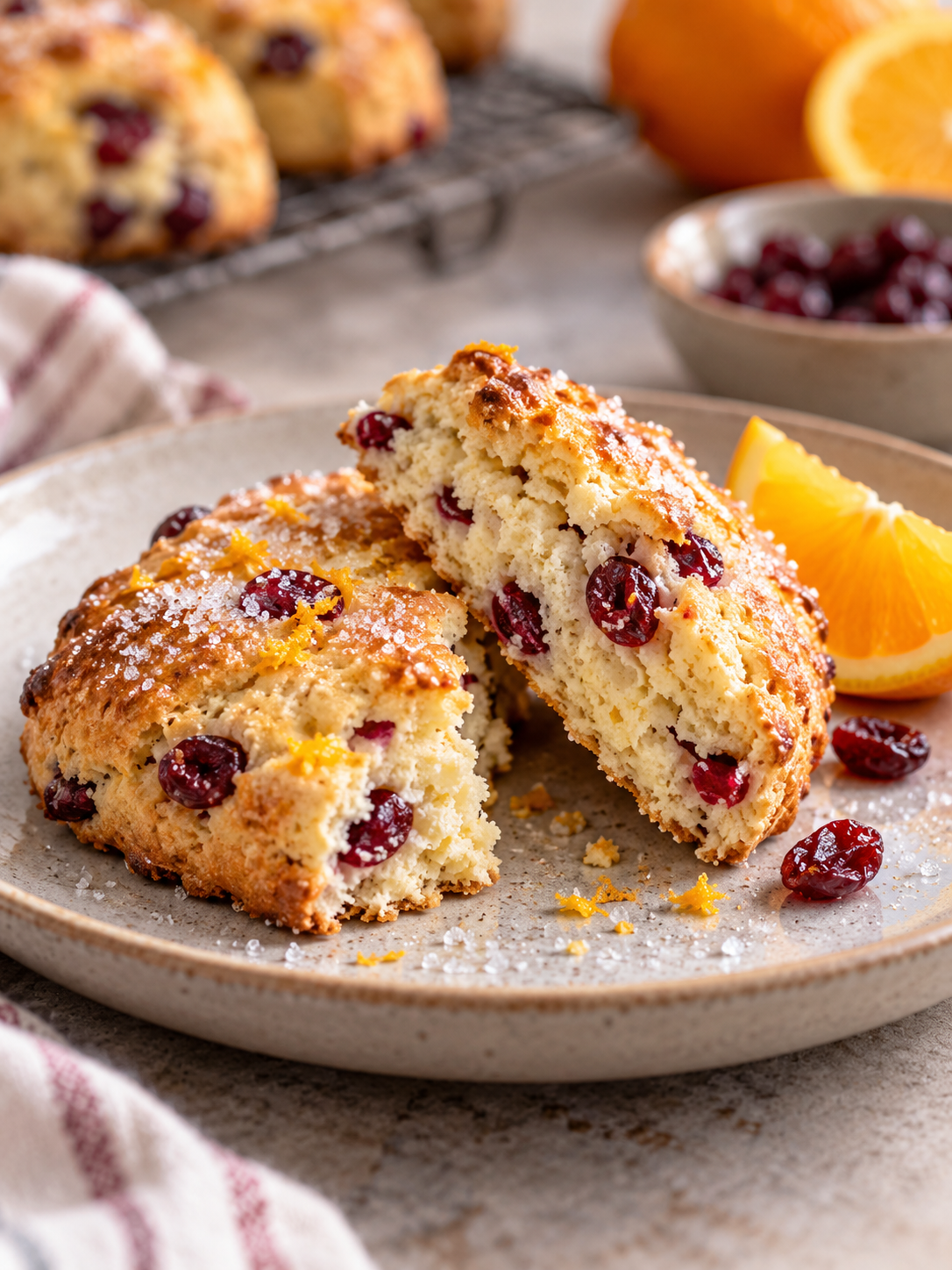 A freshly baked cranberry orange scone being served on a neutral ceramic plate, sliced in half and garnished with sugar and orange