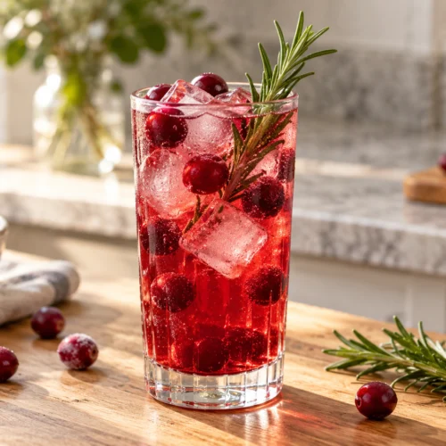A refreshing cranberry rosemary mocktail in a highball glass with ice cubes, frozen cranberries, and a fresh rosemary sprig garnish.