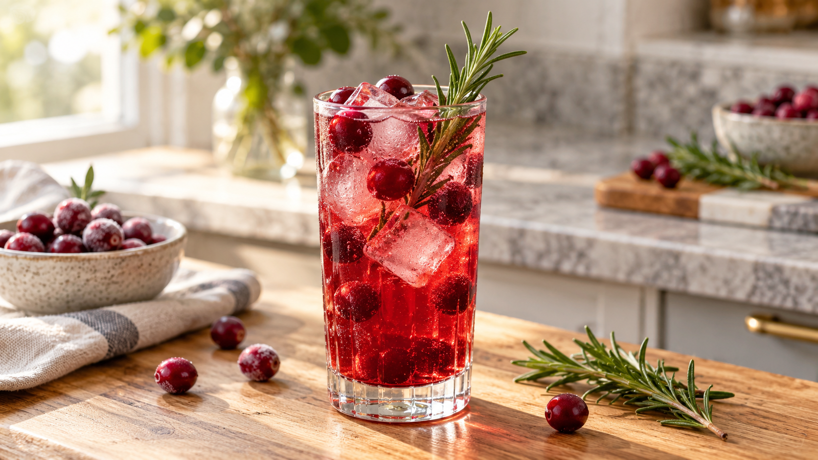 A refreshing cranberry rosemary mocktail in a highball glass with ice cubes, frozen cranberries, and a fresh rosemary sprig garnish.