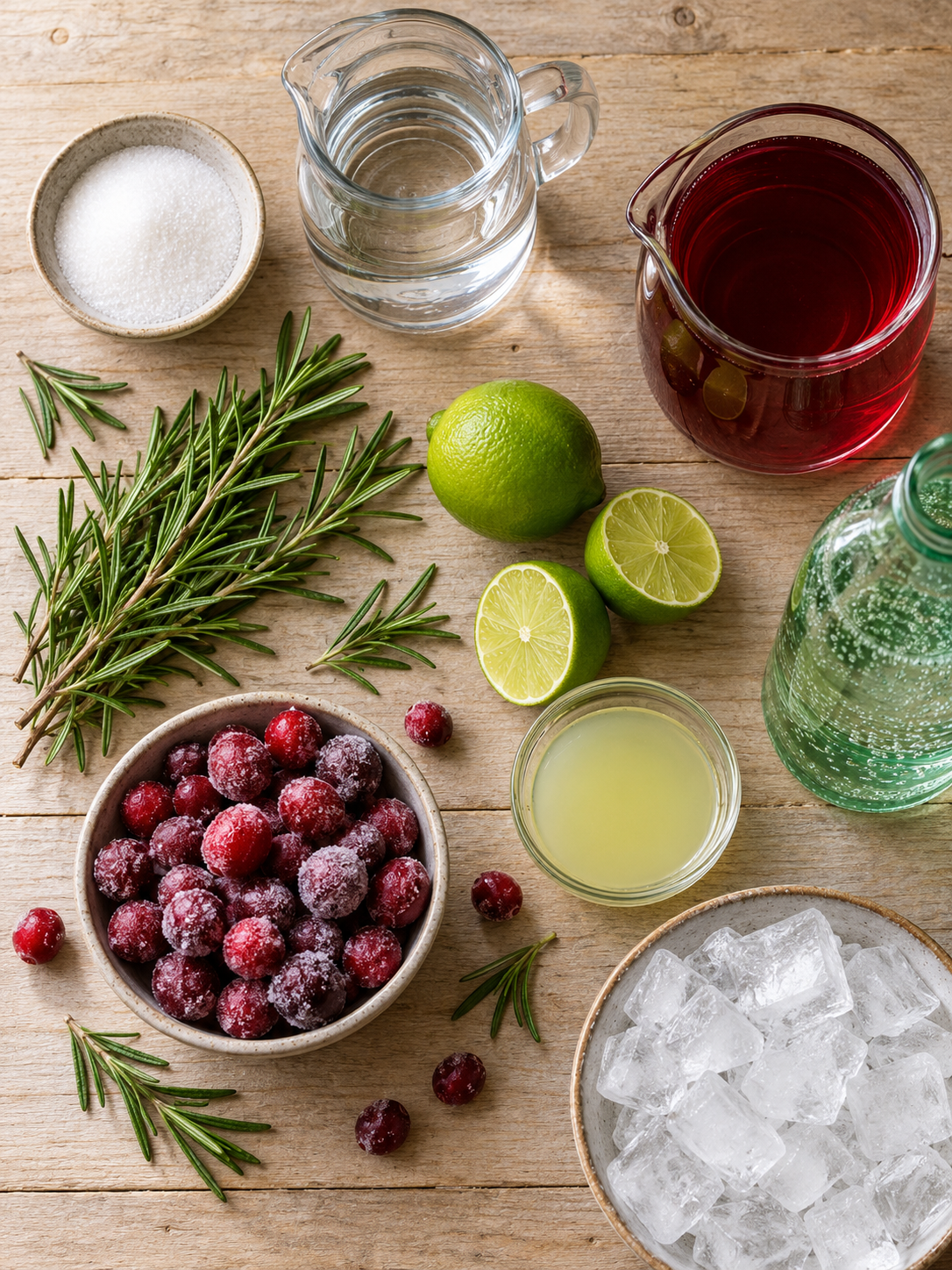 A flat-lay arrangement of the ingredients for the cranberry rosemary mocktail, including granulated sugar, water, fresh rosemary sprigs, and more.