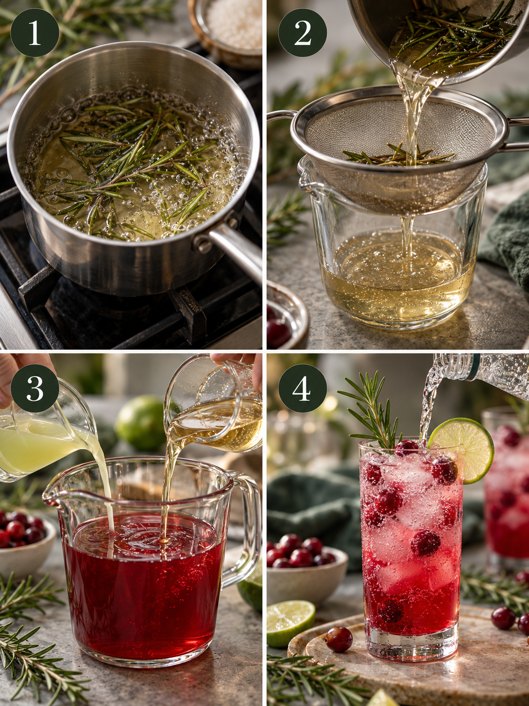 A step-by-step guide to making the cranberry rosemary mocktail, including preparing the rosemary simple syrup and assembling the drink.