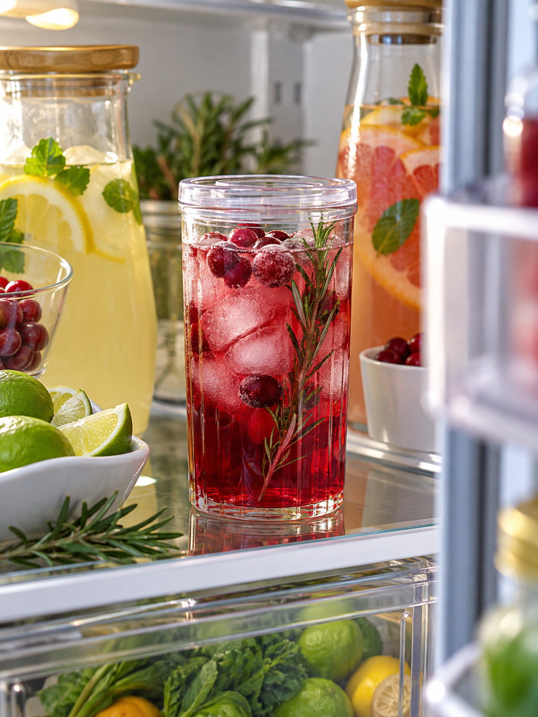 A highball glass of cranberry rosemary mocktail in the refrigerator, ready to chill and serve.
