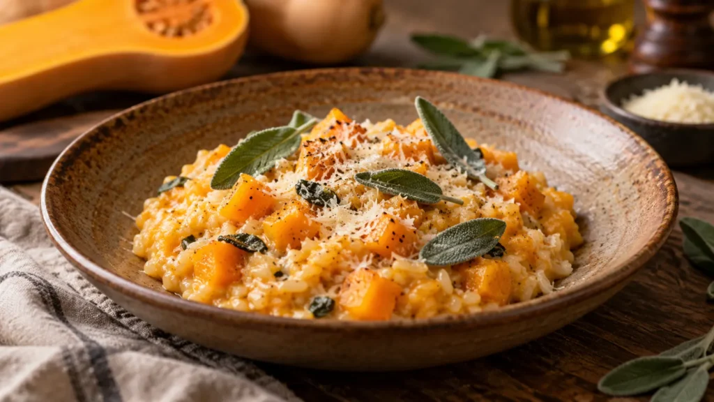 A warm, creamy butternut squash risotto in a earth-toned plate, garnished with Parmesan cheese and fresh sage