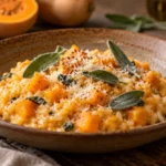 A warm, creamy butternut squash risotto in a earth-toned plate, garnished with Parmesan cheese and fresh sage