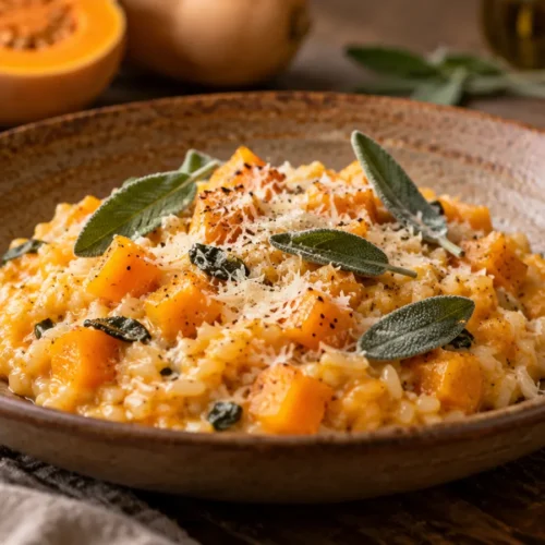 A warm, creamy butternut squash risotto in a earth-toned plate, garnished with Parmesan cheese and fresh sage