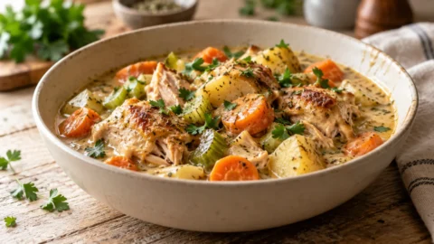 A shallow ceramic bowl filled with creamy chicken stew featuring chunks of seared chicken, carrots, and potatoes, garnished with fresh parsley on a wooden table.